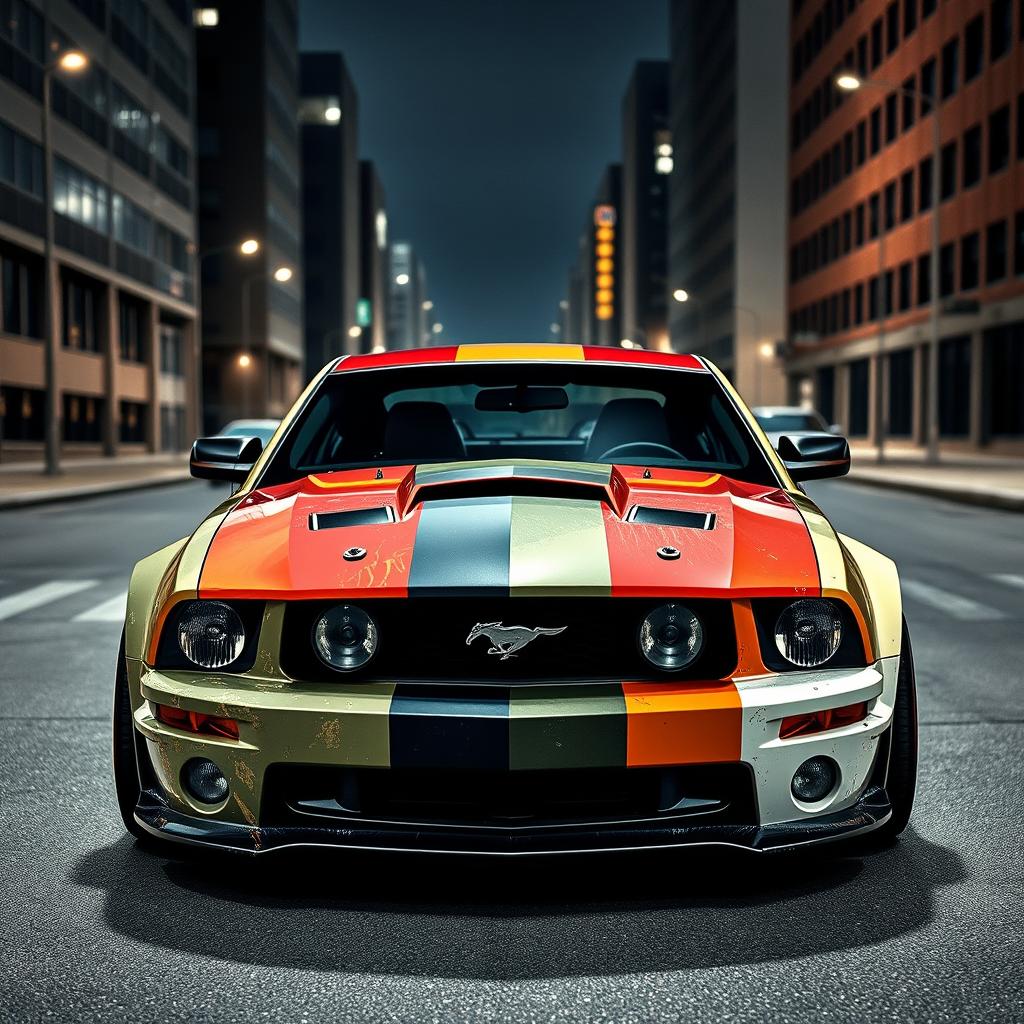 A 2006 Ford Mustang rat rod, equipped with a very aggressive widebody kit and mismatched body panels in contrasting colors, set against a dark city backdrop