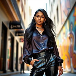 A stylish scene featuring a 15-year-old Indian girl wearing a fashionable satin blouse paired with sleek, glossy latex pants