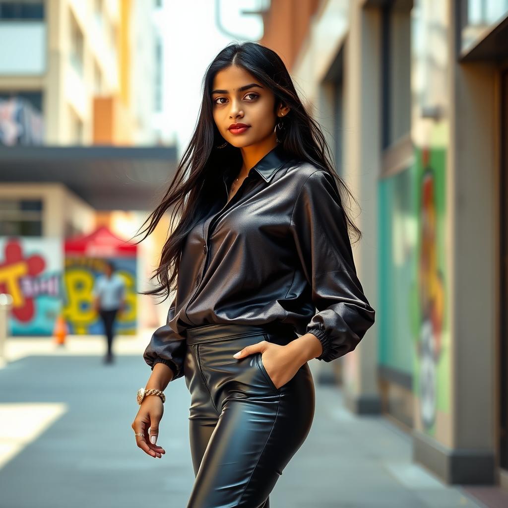 A stylish scene featuring a 15-year-old Indian girl wearing a fashionable satin blouse paired with sleek, glossy latex pants