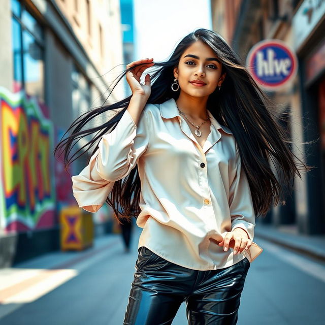 A stylish scene featuring a 15-year-old Indian girl wearing a fashionable satin blouse paired with sleek, glossy latex pants