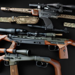 A range of automatic rifles, demonstrating their unique features and modern design.