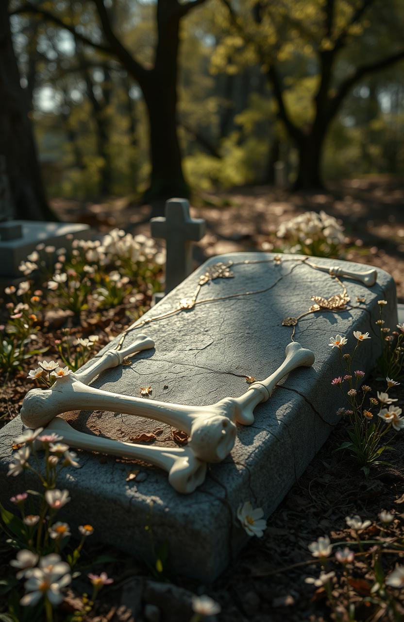 An artistic representation of Kintsugi-inspired bones burial, highlighting the beauty of imperfections