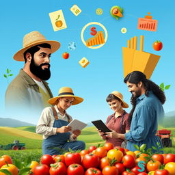 A visually engaging representation of agricultural economics, showcasing various elements such as farmland, crops, farming equipment, and economic graphs
