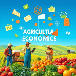 A visually engaging representation of agricultural economics, showcasing various elements such as farmland, crops, farming equipment, and economic graphs