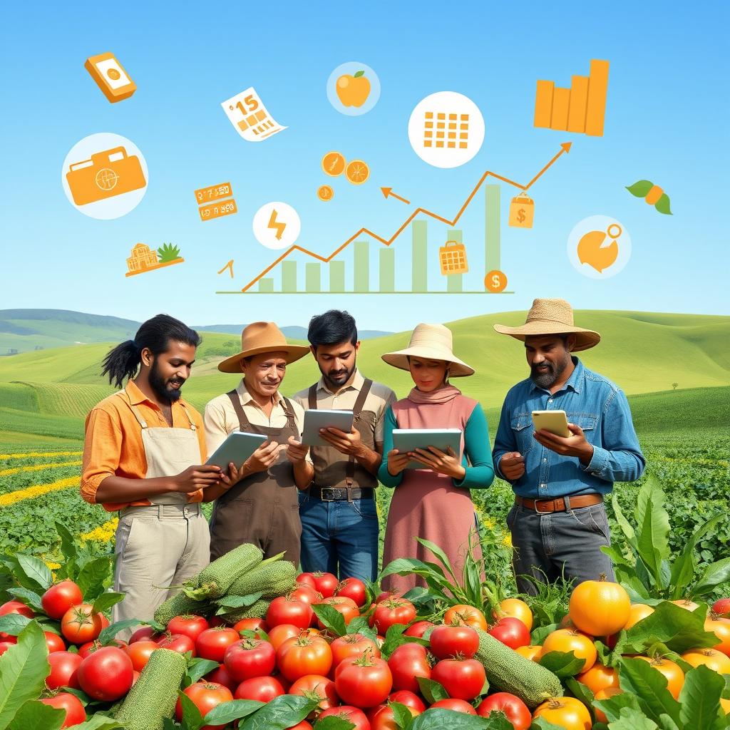 A visually engaging representation of agricultural economics, showcasing various elements such as farmland, crops, farming equipment, and economic graphs