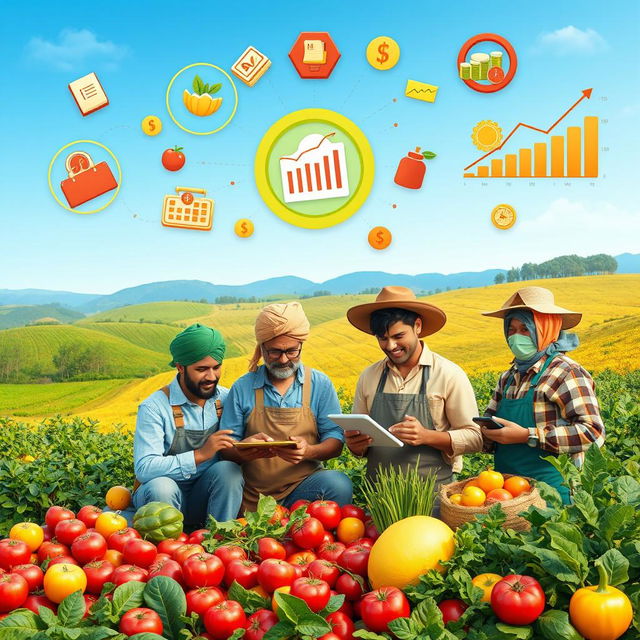 A visually engaging representation of agricultural economics, showcasing various elements such as farmland, crops, farming equipment, and economic graphs