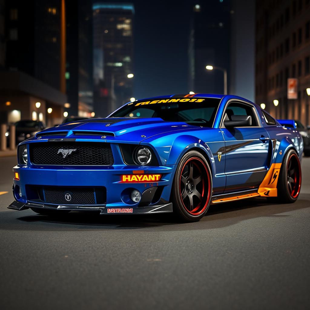 A blue 2006 Ford Mustang rat rod featuring a very aggressive widebody kit and mismatched body panels in various contrasting colors