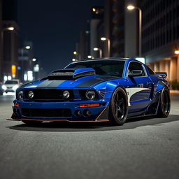 A blue 2006 Ford Mustang rat rod featuring a very aggressive widebody kit and mismatched body panels in various contrasting colors
