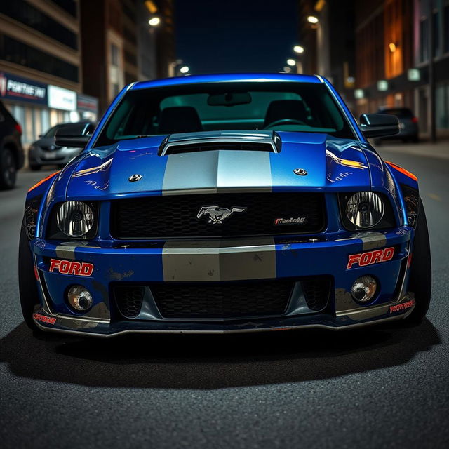 A blue 2006 Ford Mustang rat rod featuring a very aggressive widebody kit and mismatched body panels in various contrasting colors