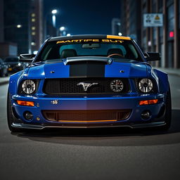 A blue 2006 Ford Mustang rat rod featuring a very aggressive widebody kit and mismatched body panels in various contrasting colors