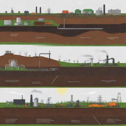 Illustration showcasing various carbon sources like agricultural waste, wood, peat, oil, and gas being used in different industrial processes.