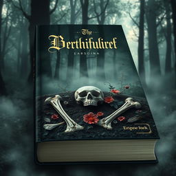 A captivating book cover design featuring a hauntingly beautiful burial scene with bones artistically arranged in a grave