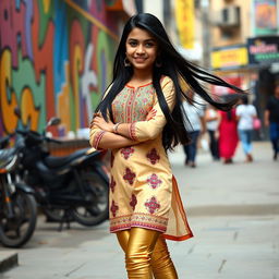 A fashionable scene featuring a 15-year-old Indian girl wearing a trendy kurta paired with tight golden leggings