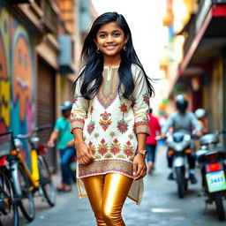 A fashionable scene featuring a 15-year-old Indian girl wearing a trendy kurta paired with tight golden leggings