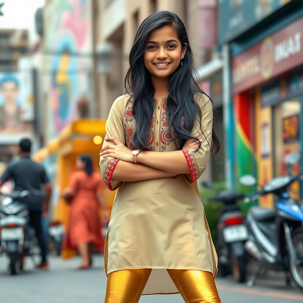 A fashionable scene featuring a 15-year-old Indian girl wearing a trendy kurta paired with tight golden leggings