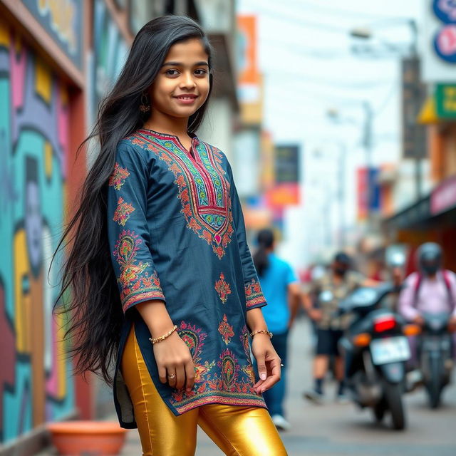 A fashionable scene featuring a 15-year-old Indian girl wearing a trendy kurta paired with tight golden leggings