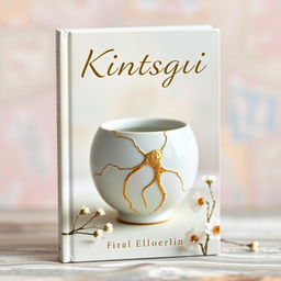 A beautifully designed book cover that captures the essence of Kintsugi, featuring a delicate ceramic piece mended with shimmering gold lacquer