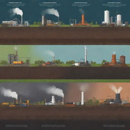 Illustration showcasing various carbon sources like agricultural waste, wood, peat, oil, and gas being used in different industrial processes.