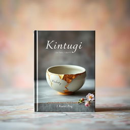 A beautifully designed book cover that captures the essence of Kintsugi, featuring a delicate ceramic piece mended with shimmering gold lacquer