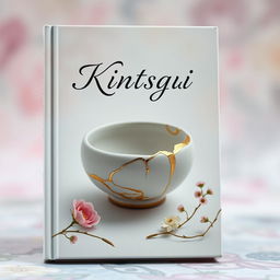 A beautifully designed book cover that captures the essence of Kintsugi, featuring a delicate ceramic piece mended with shimmering gold lacquer