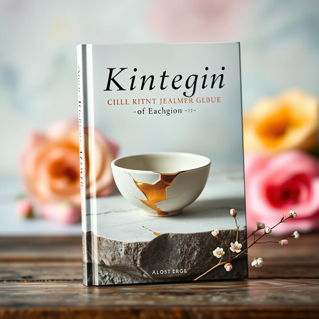 A beautifully designed book cover that captures the essence of Kintsugi, featuring a delicate ceramic piece mended with shimmering gold lacquer