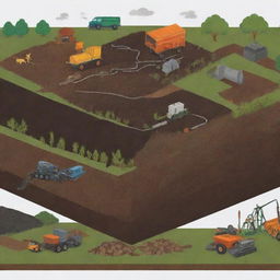 Illustration showcasing various carbon sources like agricultural waste, wood, peat, oil, and gas being used in different industrial processes.