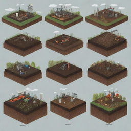 Illustration showcasing various carbon sources like agricultural waste, wood, peat, oil, and gas being used in different industrial processes.