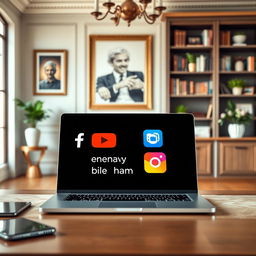 A formal home office setting featuring a stylish desk with an open laptop displaying vibrant social media logos: Facebook, YouTube, Google, and Instagram