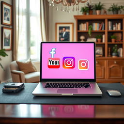 A formal home office setting featuring a stylish desk with an open laptop displaying vibrant social media logos: Facebook, YouTube, Google, and Instagram