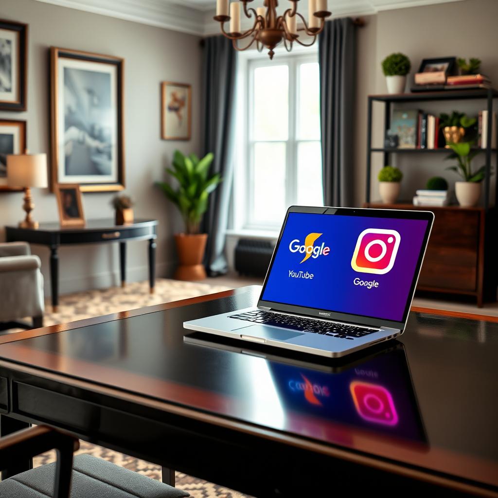 A formal home office setting featuring a stylish desk with an open laptop displaying vibrant social media logos: Facebook, YouTube, Google, and Instagram