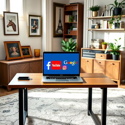 A formal home office setting featuring a stylish desk with an open laptop displaying vibrant social media logos: Facebook, YouTube, Google, and Instagram