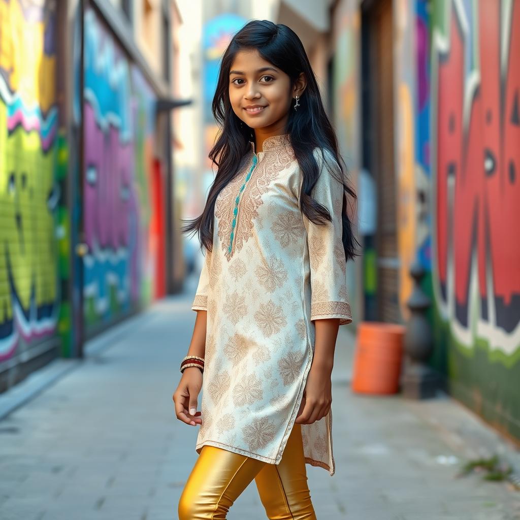 A fashionable scene featuring a 15-year-old Indian girl wearing a trendy kurta paired with tight golden leggings