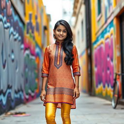 A fashionable scene featuring a 15-year-old Indian girl wearing a trendy kurta paired with tight golden leggings