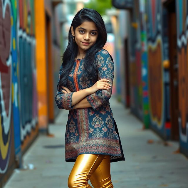 A fashionable scene featuring a 15-year-old Indian girl wearing a trendy kurta paired with tight golden leggings