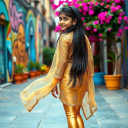 A vibrant scene featuring a 15-year-old Indian girl wearing tight golden leggings paired with a stylish, transparent kurta that displays intricate designs