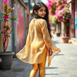A vibrant scene featuring a 15-year-old Indian girl wearing tight golden leggings paired with a stylish, transparent kurta that displays intricate designs