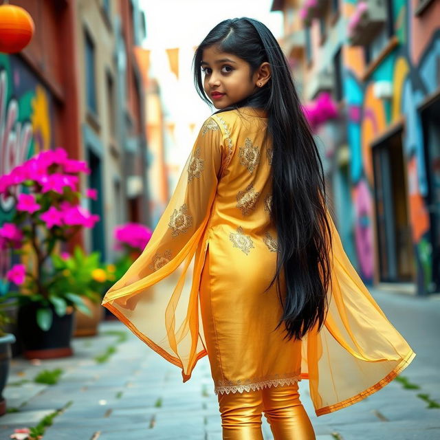 A vibrant scene featuring a 15-year-old Indian girl wearing tight golden leggings paired with a stylish, transparent kurta that displays intricate designs