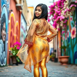 A vibrant scene featuring a 15-year-old Indian girl wearing tight golden leggings paired with a stylish, transparent kurta that displays intricate designs