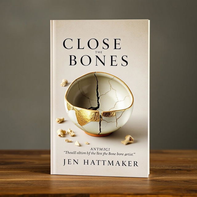 A visually stunning book cover titled "Close the Bones" by Jen Hatmaker, seamlessly blending the themes of Kintsugi and bone artistry