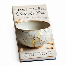 A visually stunning book cover titled "Close the Bones" by Jen Hatmaker, seamlessly blending the themes of Kintsugi and bone artistry