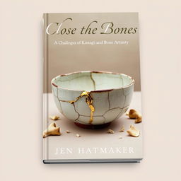 A visually stunning book cover titled "Close the Bones" by Jen Hatmaker, seamlessly blending the themes of Kintsugi and bone artistry