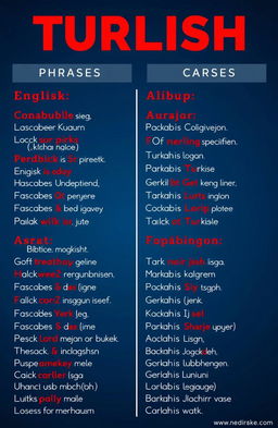 A beautifully designed graphic featuring English conversational phrases alongside their Turkish translations