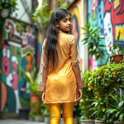A vibrant scene featuring a 15-year-old Indian girl wearing tight golden leggings paired with a stylish, semi-transparent kurta that ends at the navel, showcasing a blend of traditional and contemporary fashion