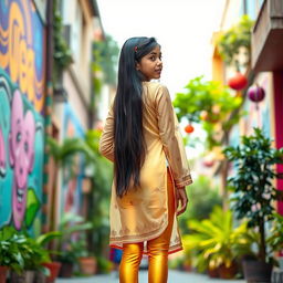 A vibrant scene featuring a 15-year-old Indian girl wearing tight golden leggings paired with a stylish, semi-transparent kurta that ends at the navel, showcasing a blend of traditional and contemporary fashion