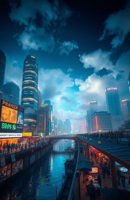 A vibrant urban landscape, showcasing a dreamy city full of life and energy at night