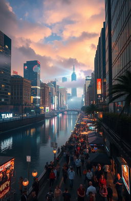 A vibrant urban landscape, showcasing a dreamy city full of life and energy at night