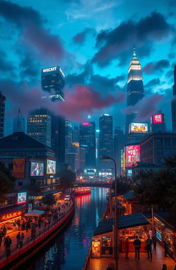 A vibrant urban landscape, showcasing a dreamy city full of life and energy at night