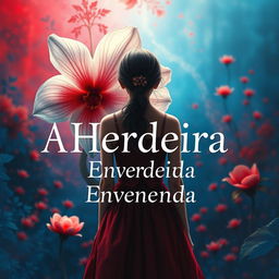 A fantasy scene featuring a girl seen from behind, standing amidst a vibrant background filled with bold colors of blue and red