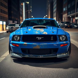 A blue 2006 Ford Mustang rat rod featuring a very aggressive widebody kit, showcasing scratched paint and mismatched body panels in contrasting colors