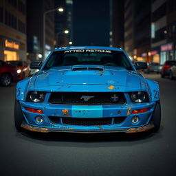 A blue 2006 Ford Mustang rat rod featuring a very aggressive widebody kit, showcasing scratched paint and mismatched body panels in contrasting colors